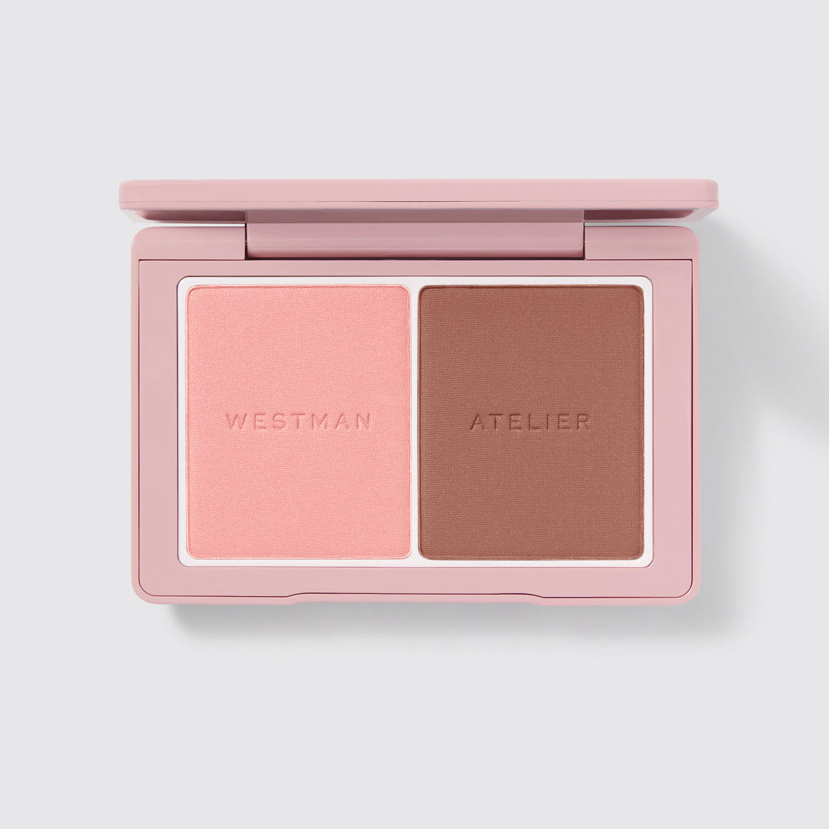 Westman Atelier Powder Duos with a soft pink blush and deep bronzer for a natural glow