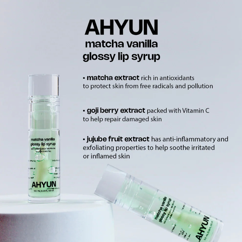 AHYUN matcha vanilla lip gloss glossy green lip syrup bottle upright and tilted on white surface