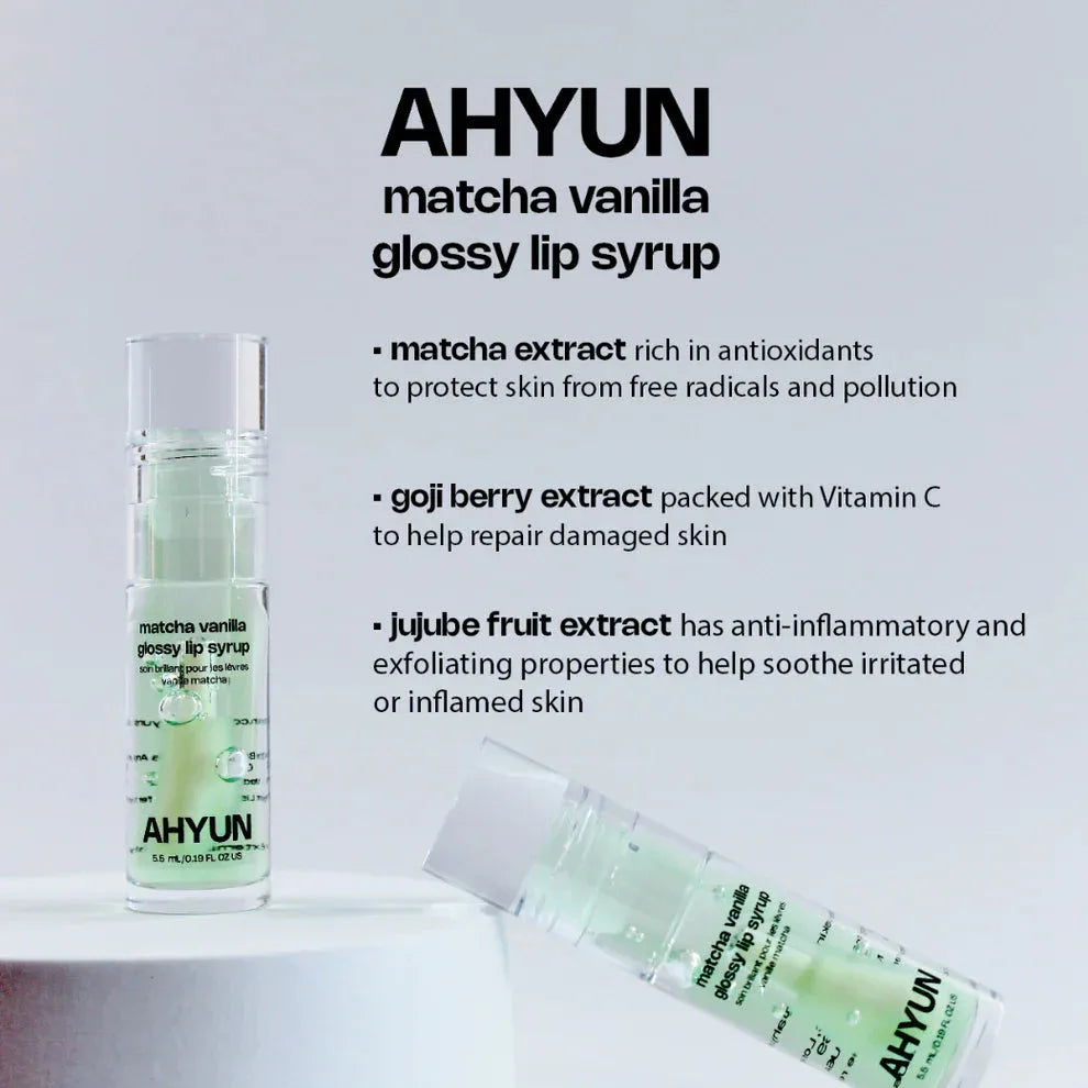 AHYUN matcha vanilla lip gloss glossy green lip syrup bottle upright and tilted on white surface