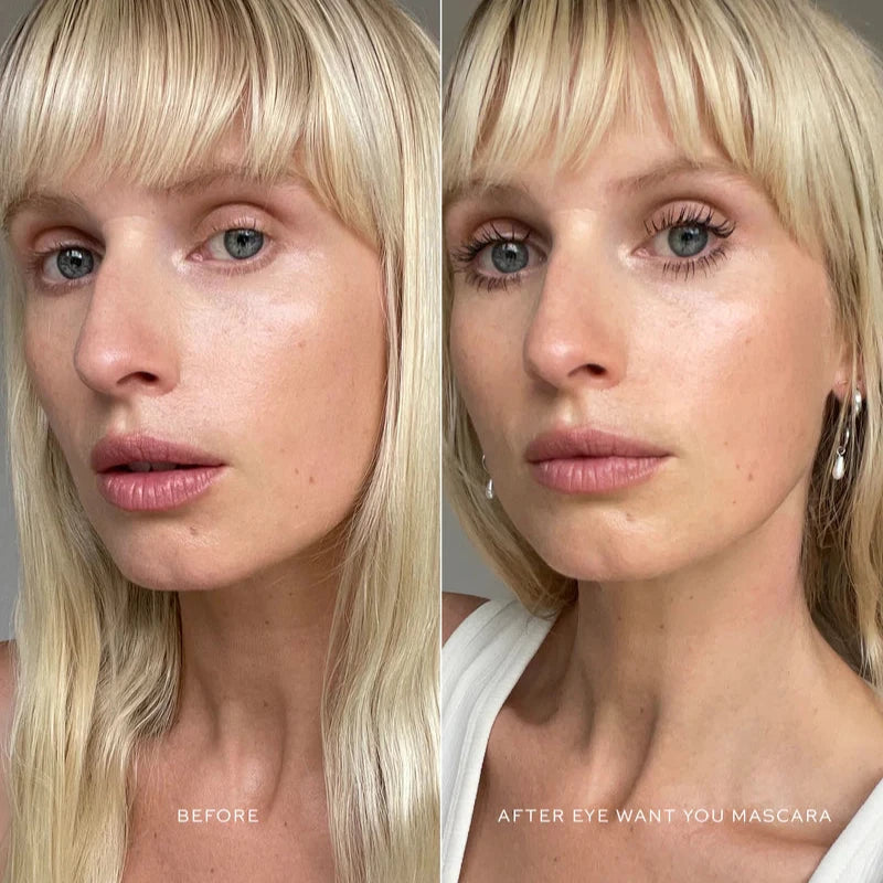 Before and after showing lashes enhanced using Westman Atelier Buildable Mascara for a natural look