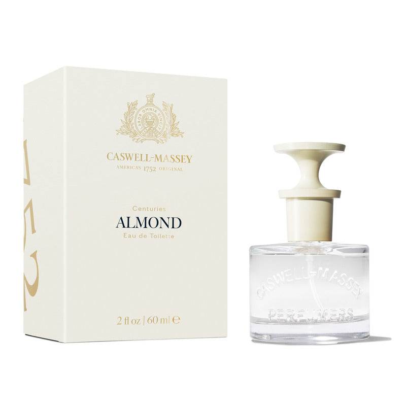 Caswell-Massey Almond Eau de Toilette 2 fl oz clear bottle with white cap and matching box