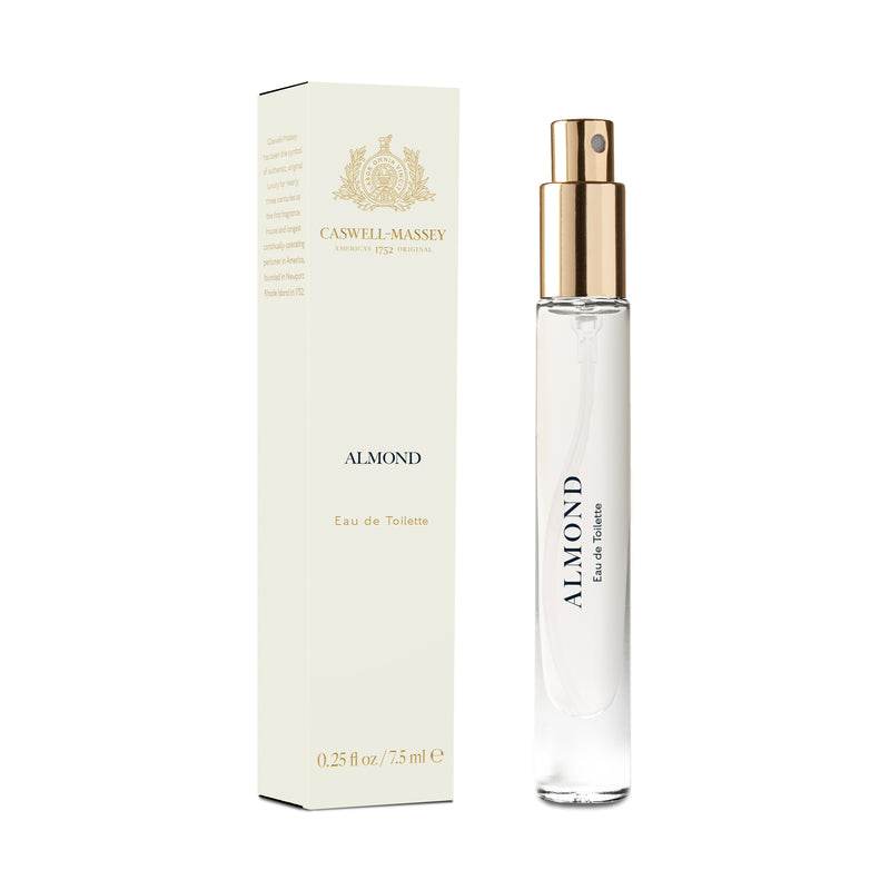 Caswell-Massey Almond Eau de Toilette 0.25 fl oz spray bottle with elegant gold cap and cream box
