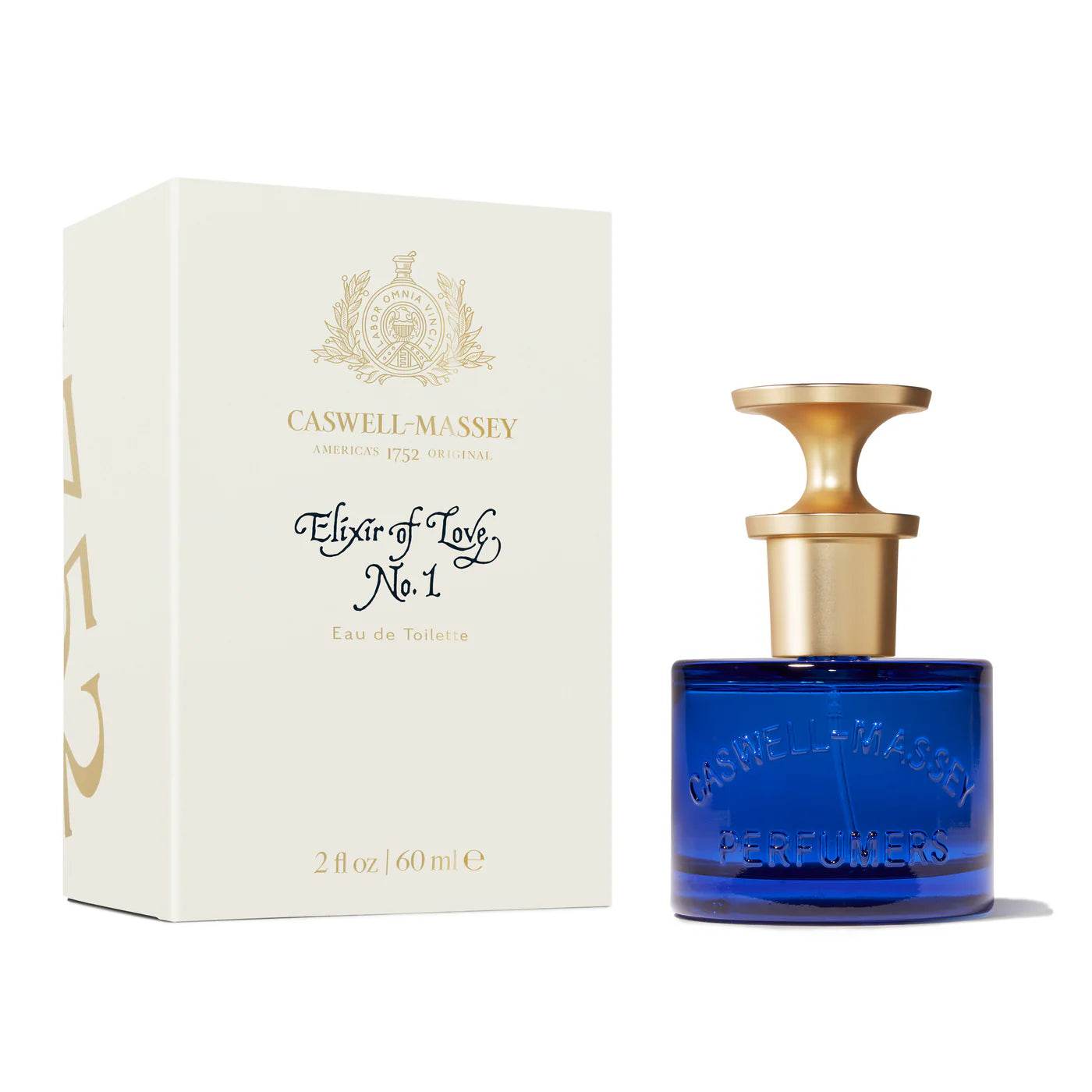 Caswell-Massey Elixir Of Love Eau De Toilette 2 fl oz blue bottle with gold cap and cream box