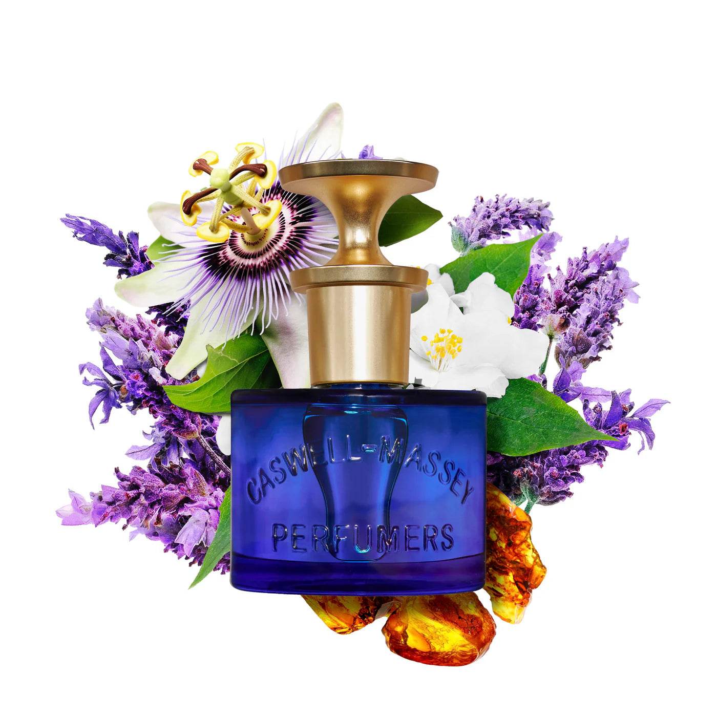 Caswell-Massey Elixir Of Love Eau De Toilette blue glass bottle with gold cap surrounded by flowers