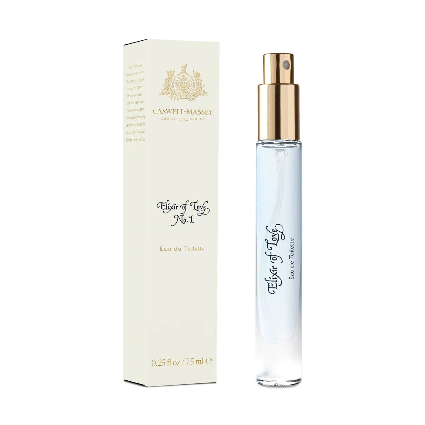 Caswell-Massey Elixir Of Love Eau De Toilette 0.25 fl oz spray bottle with packaging box