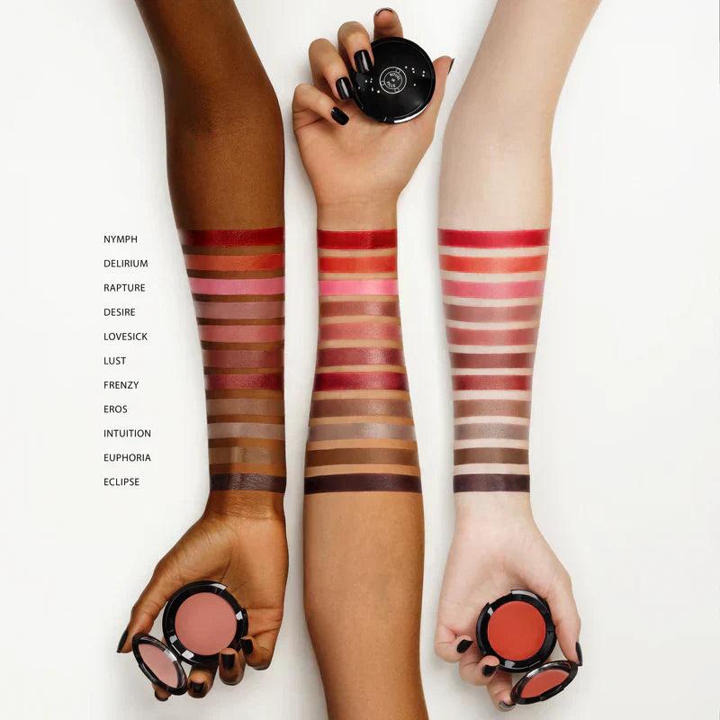 Rituel de Fille Cream Blush swatches on diverse skin tones showcasing a variety of vibrant shades