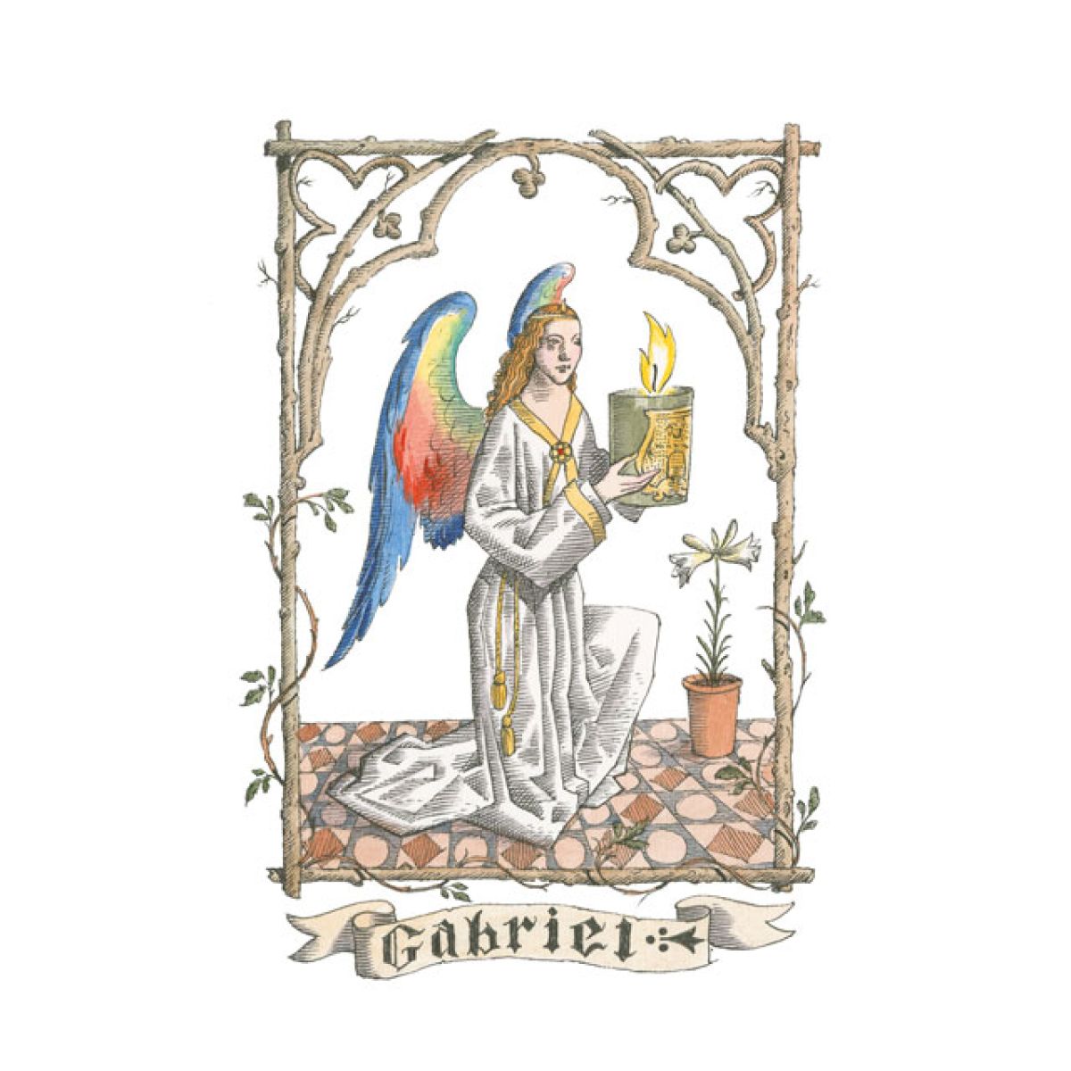 Trudon Gabriel Diffuser featuring an angel design with colorful wings and a candle