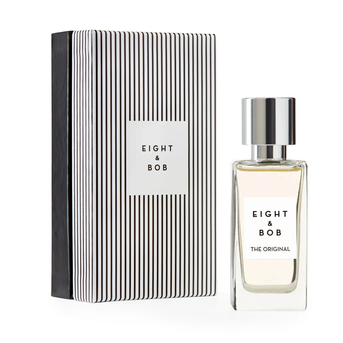Eight & Bob The Original perfume bottle with striped box packaging