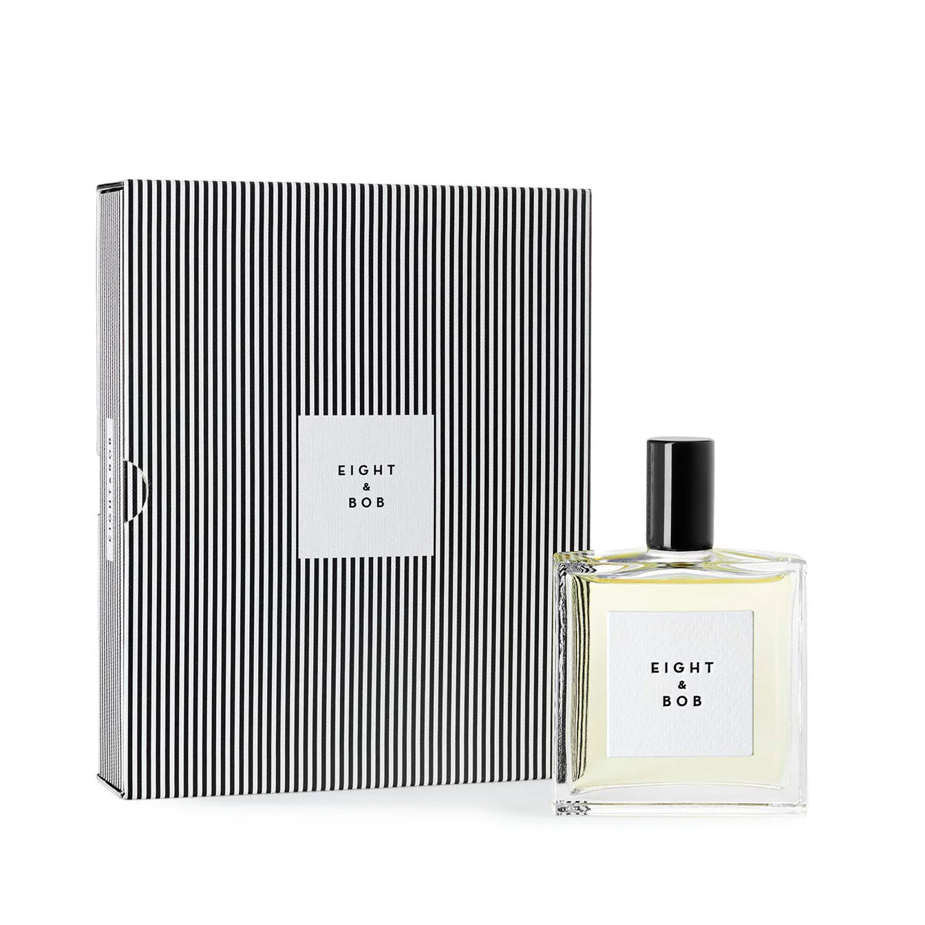 Eight & Bob The Original perfume bottle and striped gift box with black cap and white label
