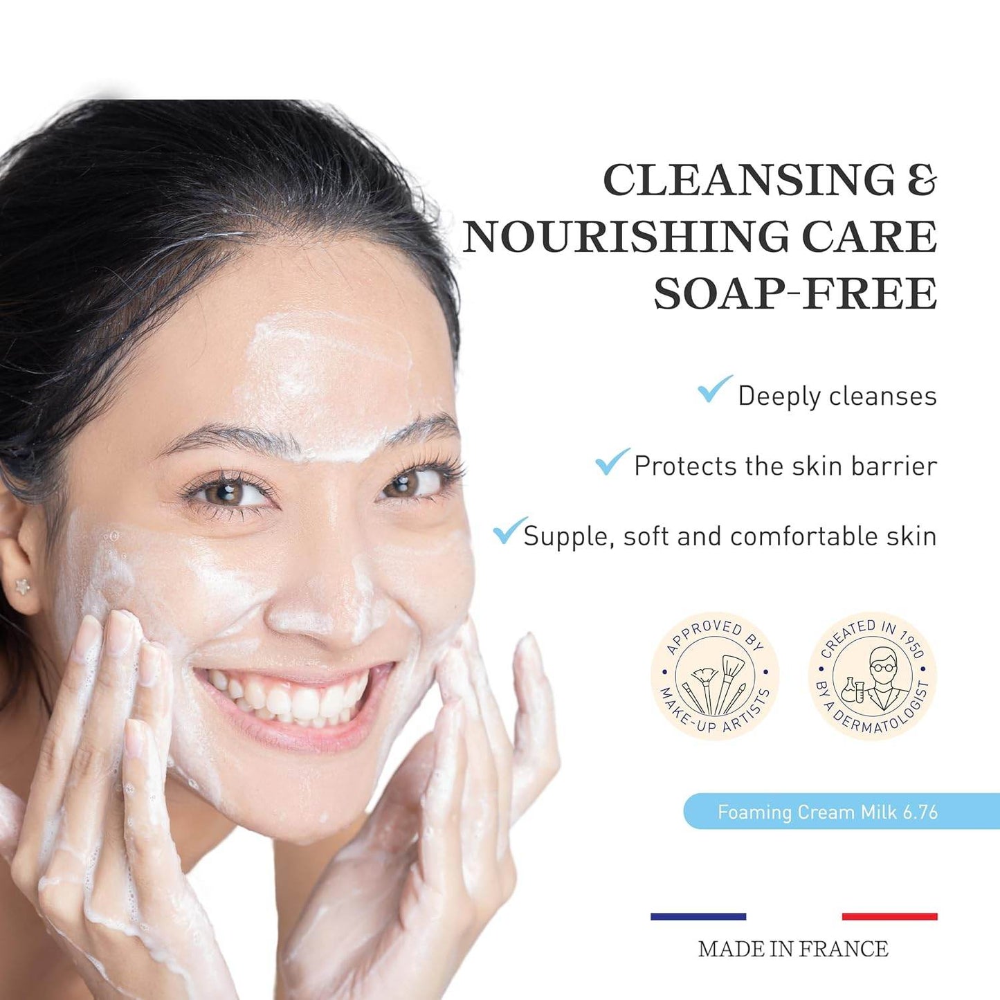 Embryolisse Foaming Cream Cleanser gently applied on smiling woman's face for cleansing and nourishing care