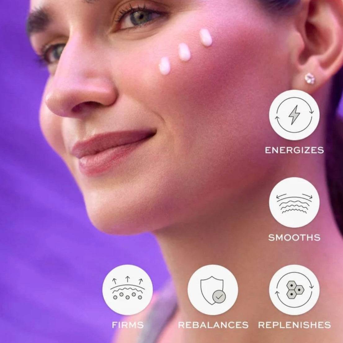 Close-up of woman applying Natura Bisse Energizing Rejuvenating Luxury Serum with skincare benefits icons