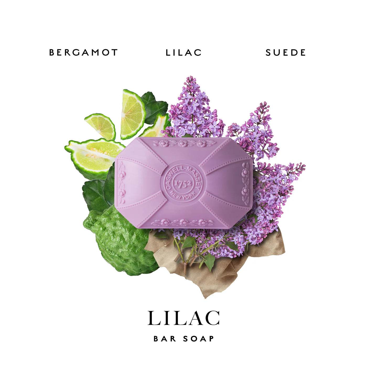 Caswell-Massey floral bar soap set featuring lilac scent with bergamot and suede notes