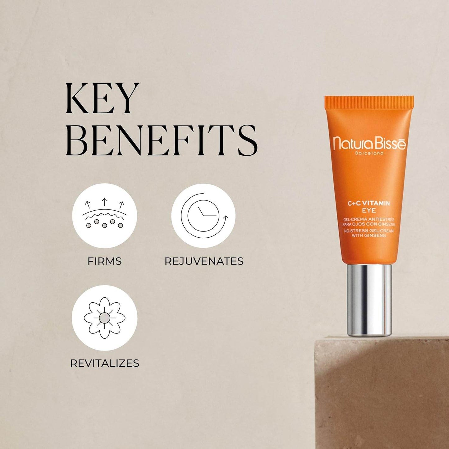 Natura Bisse Gel With Ginseng And Vitamin C in orange tube with key benefits firming rejuvenating revitalizing skin