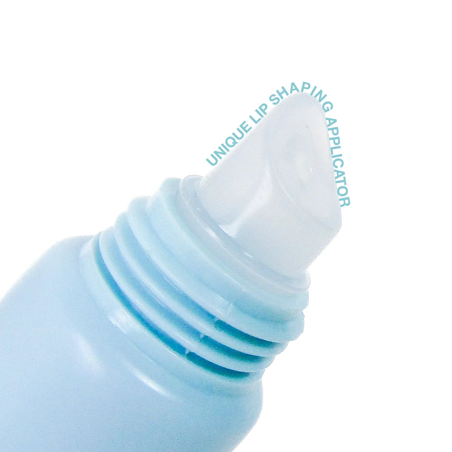 Close-up of a blue lip balm with an applicator on a white background