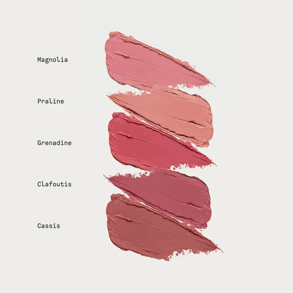 Wonderblush Lipstick color swatches in Magnolia, Praline, Grenadine, Clafoutis, and Cassis for makeup lovers