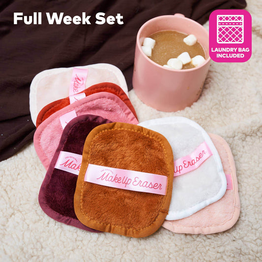 Makeup Eraser Hot Cocoa Set featuring seven reusable makeup removal cloths and a laundry bag