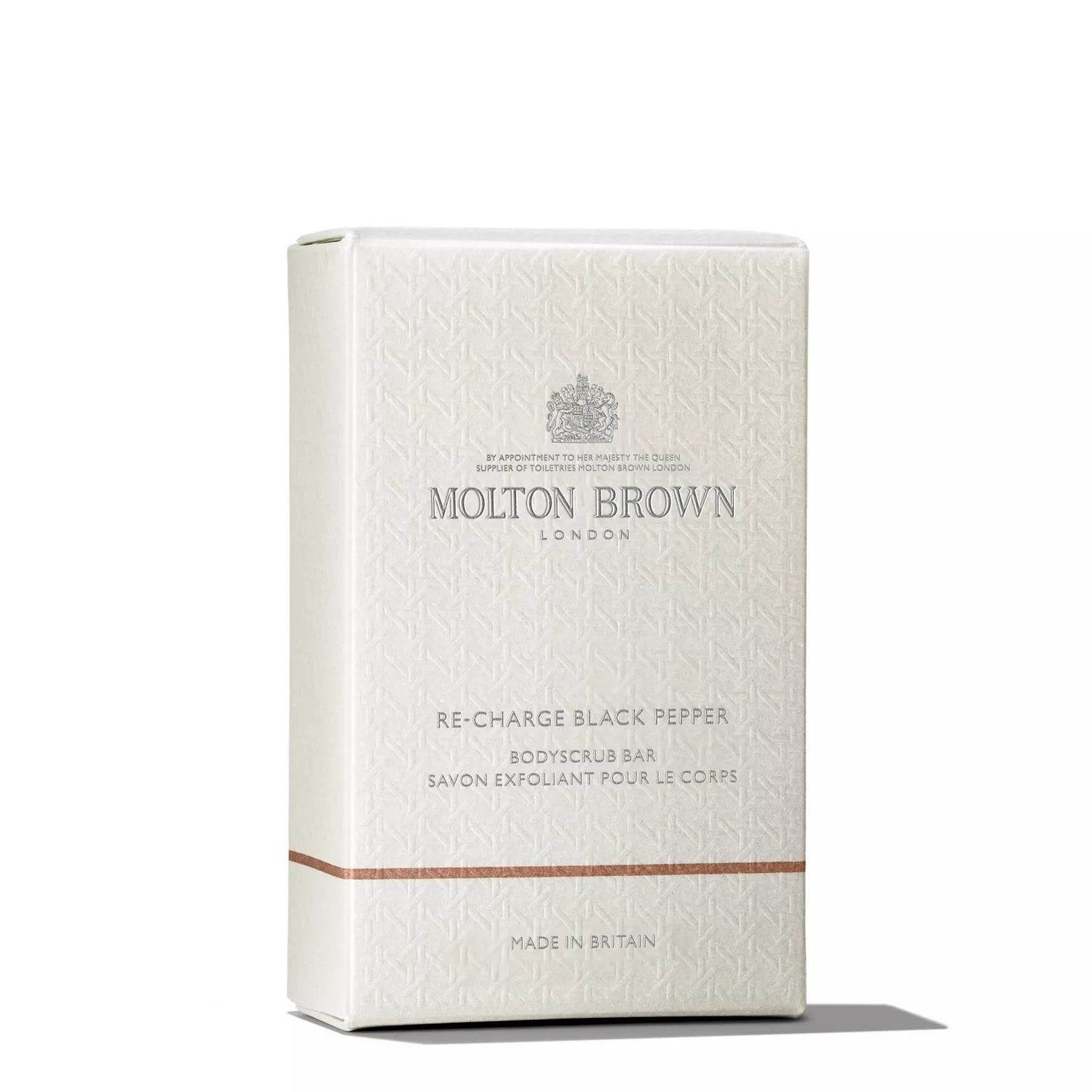 Molton Brown Re-Charge Black Pepper Bodyscrub Bar in white textured packaging
