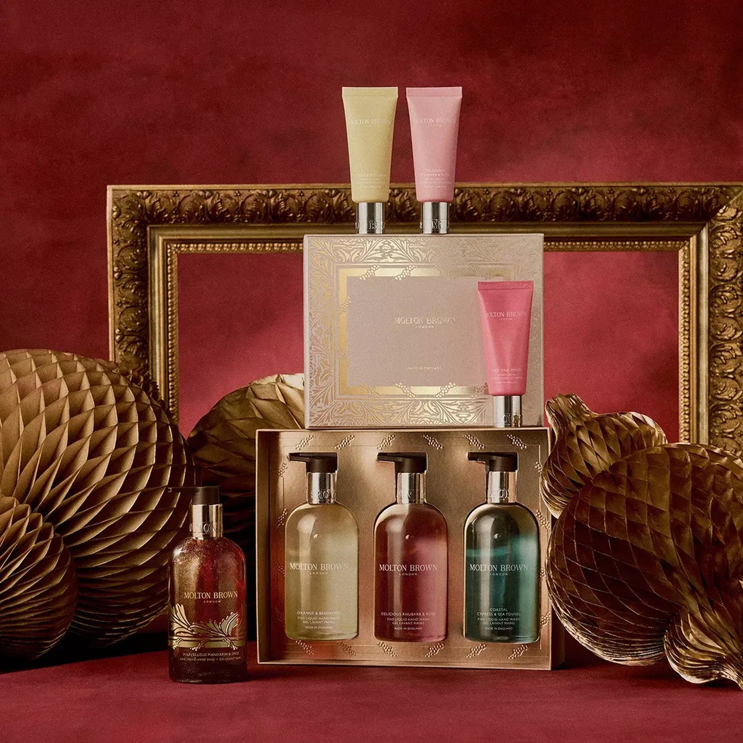 Molton Brown floral and spicy hand cream set with luxurious packaging and elegant bottles