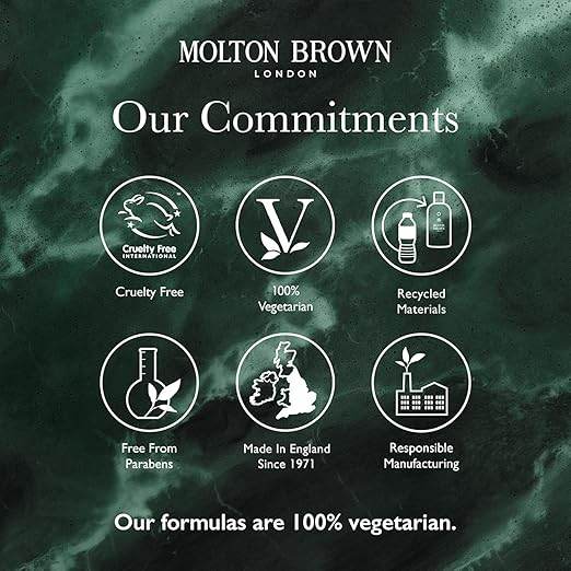 Molton Brown commitment to quality with cruelty-free and 100% vegetarian symbols for men's carry on toiletries set