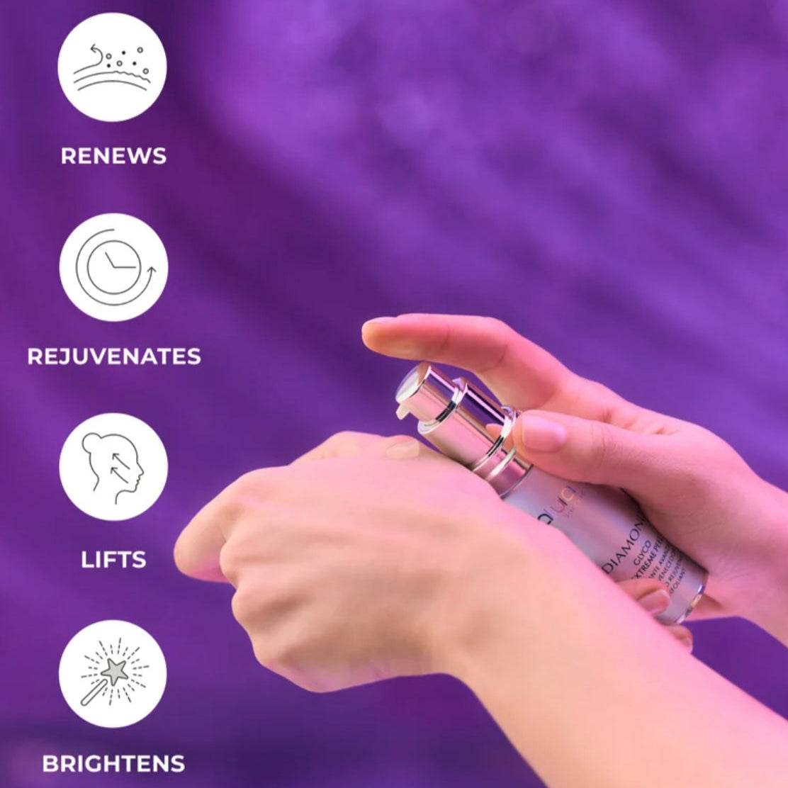 Natura Bisse Diamond Glyco Extreme Peel Advanced Rejuvenating Exfoliant applied on hand with benefits icons for renews, rejuvenates, lifts, and brightens