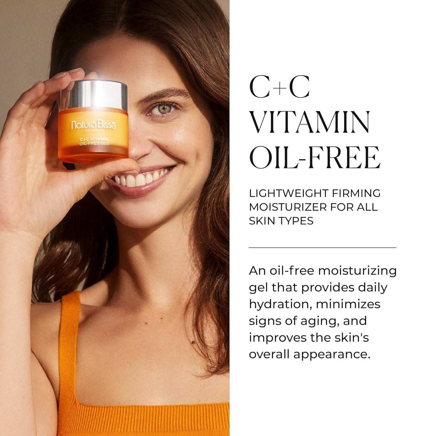 Natura Bisse C C Vitamin Lightweight Firming Moisturizer in orange jar held by smiling woman