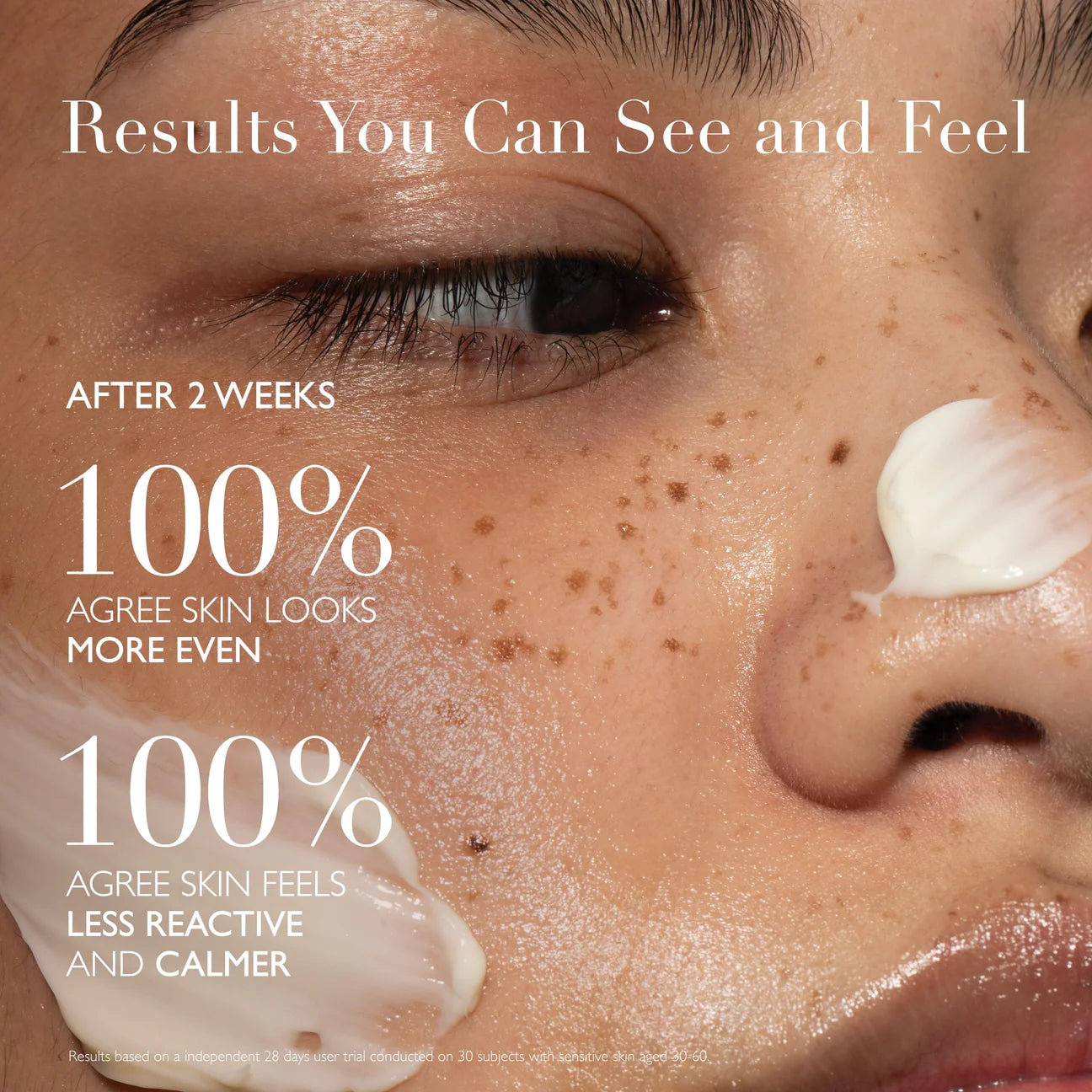 Close-up of face showing skin with Omorovicza Soothing Salve applied for calming and even skin tone