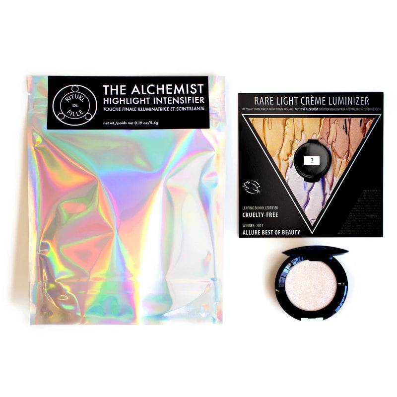 Rituel de Fille Highlight Intensifier packaging with a shimmering loose powder and a luxe cream luminizer