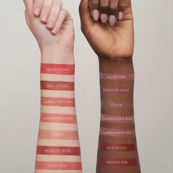 Sweed luxury lip crayon swatches on diverse skin tones showcasing various shades and finishes