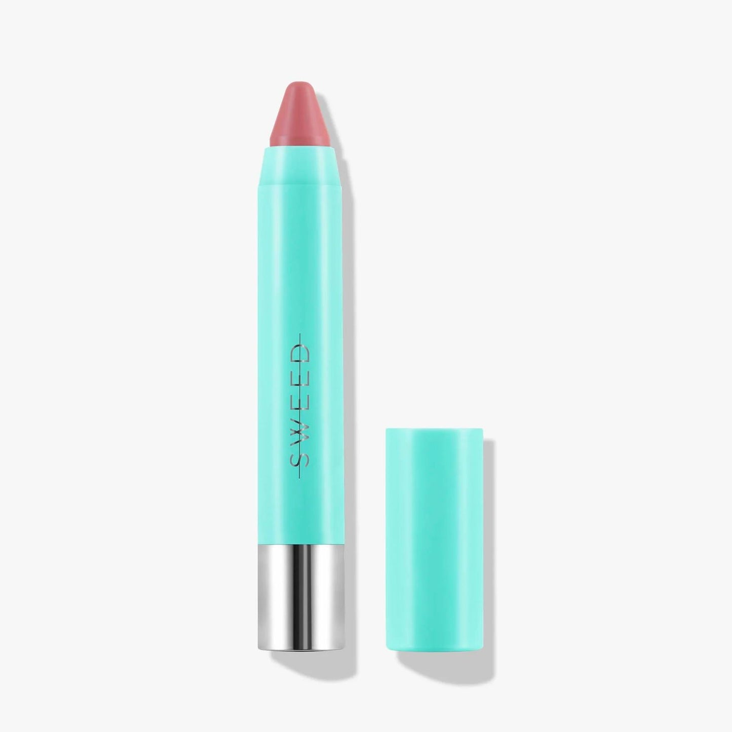 Sweed luxury lip crayon in turquoise packaging with a soft rose shade for a chic look