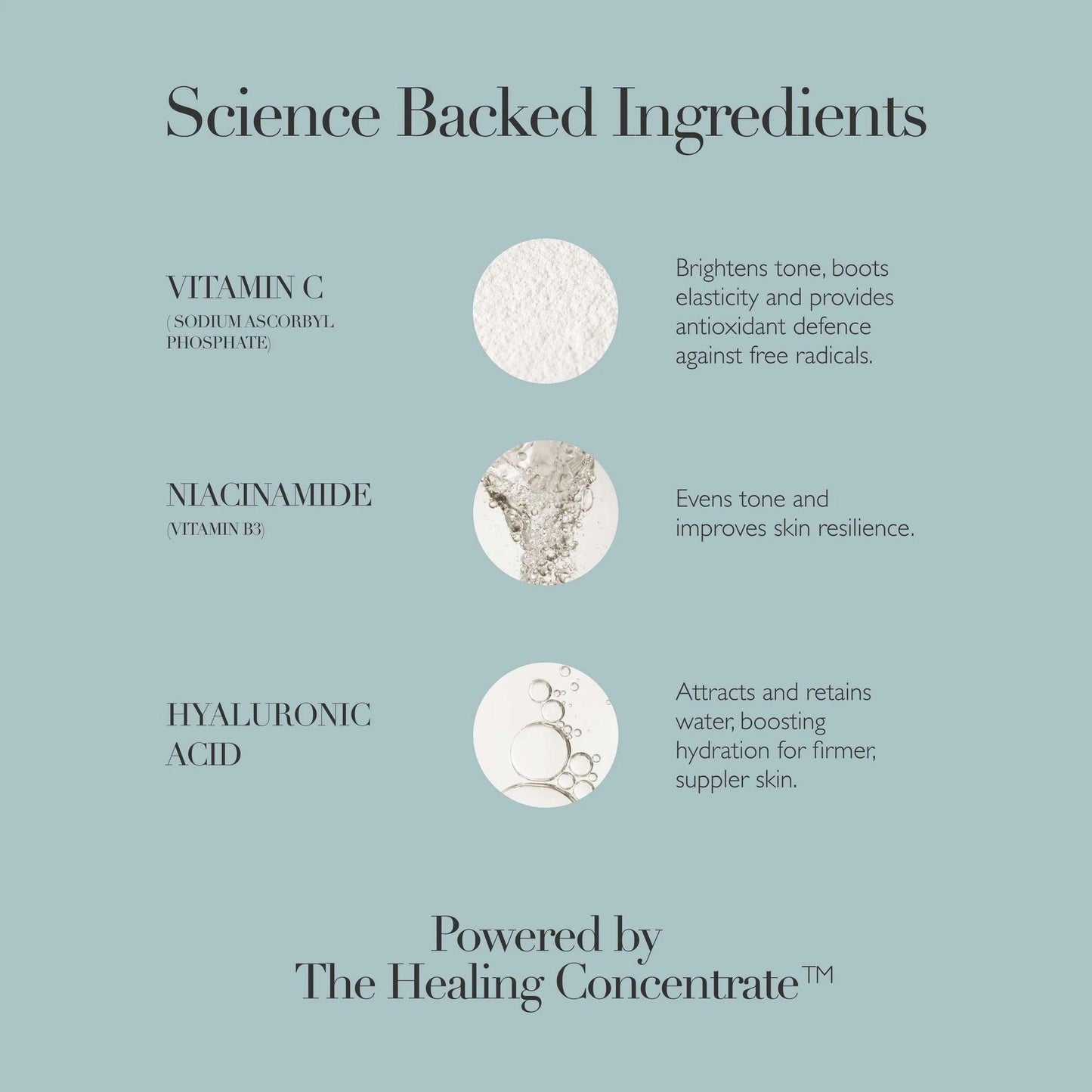 Omorovicza Vitamin C Serum ingredients highlighting brightening and hydrating benefits with vitamin C, niacinamide, and hyaluronic acid