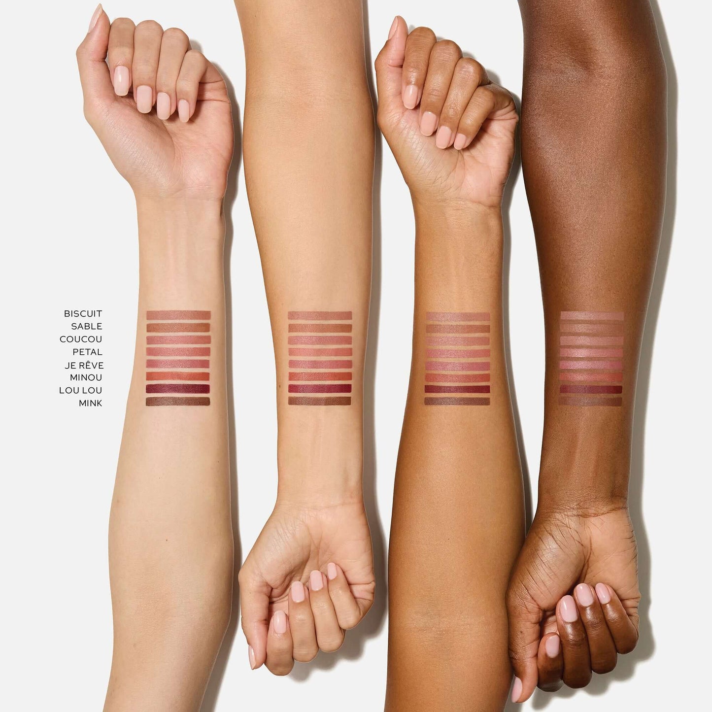 Westman Atelier Lip Shape Lip Liner swatches on diverse skin tones showing various shades for lip definition