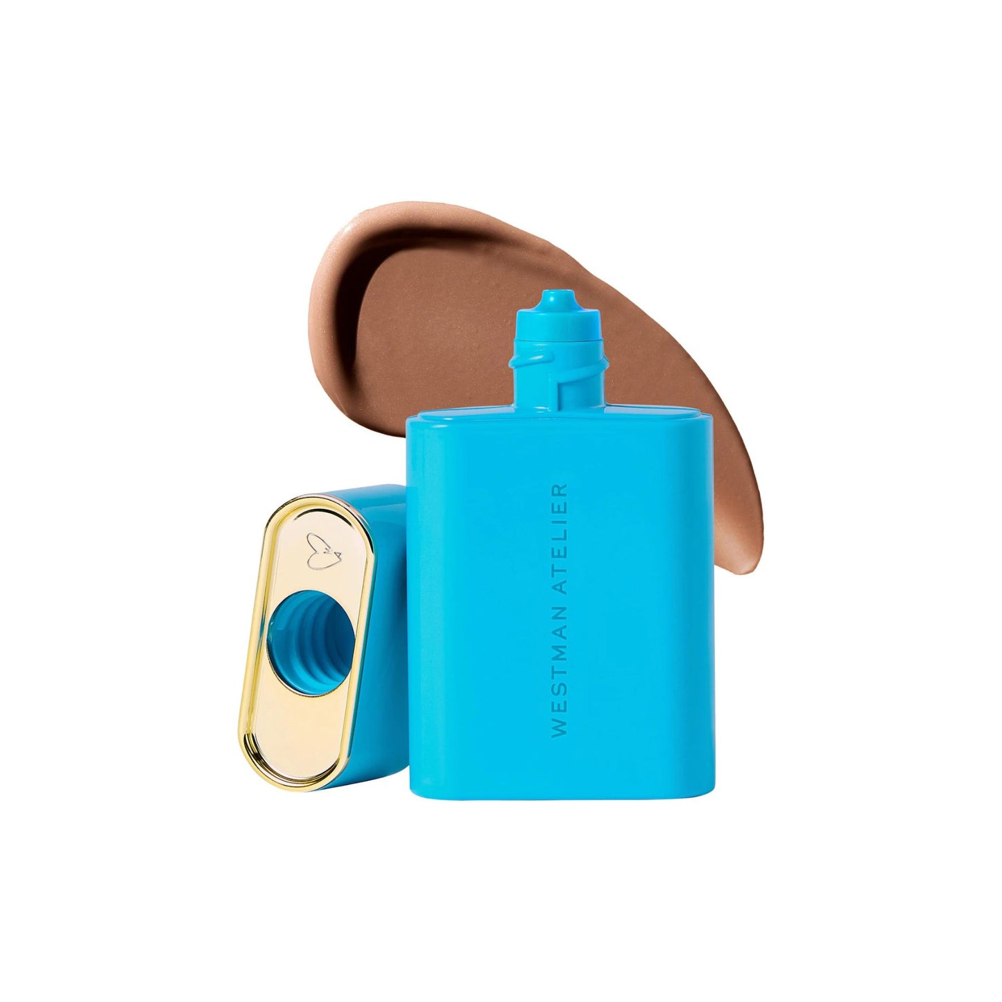 Westman Atelier Liquid Bronzer in a vibrant blue container for a sun-kissed glow