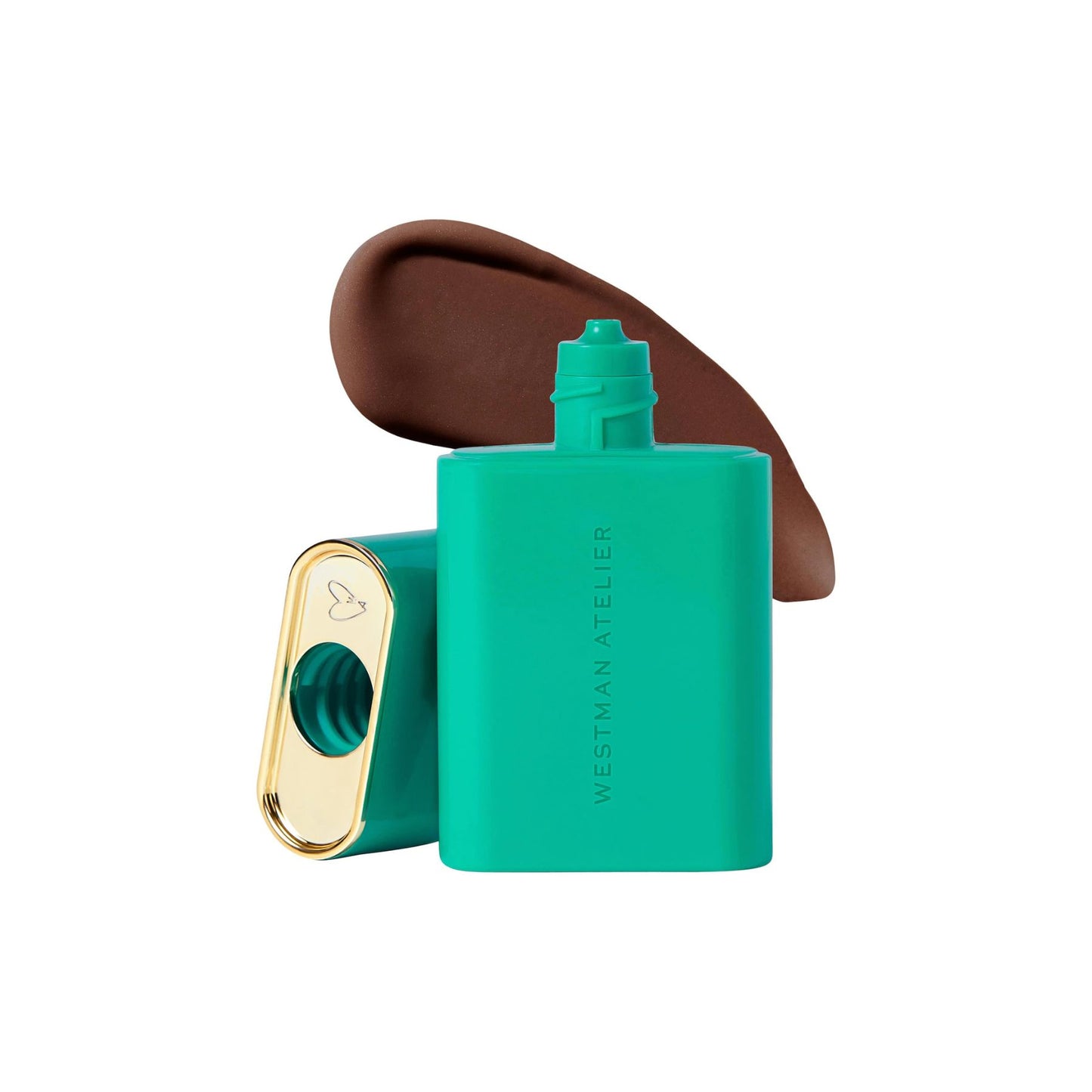 Westman Atelier Liquid Bronzer in a vibrant green packaging with a sculpting applicator for easy use