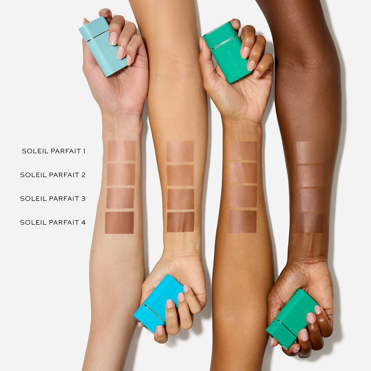 Westman Atelier Liquid Bronzer shades displayed on diverse skin tones for radiant makeup looks