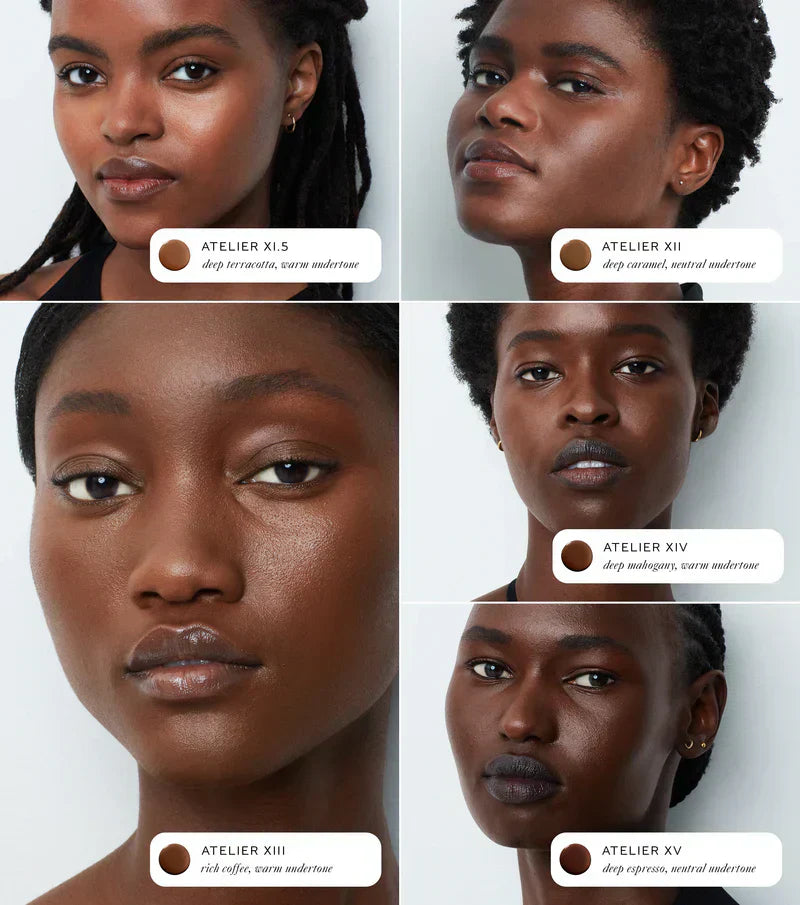 Westman Atelier Radiant Skin Tint showcasing diverse shades on different models for a natural glow