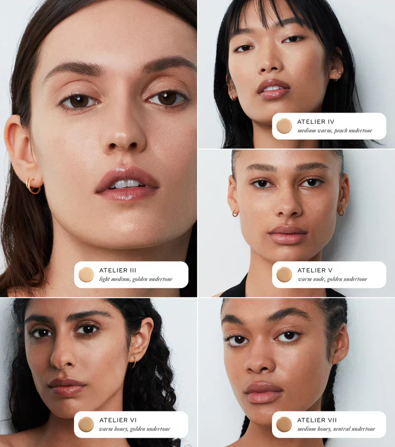 Westman Atelier Radiant Skin Tint displayed on models showcasing various skin tones and finishes