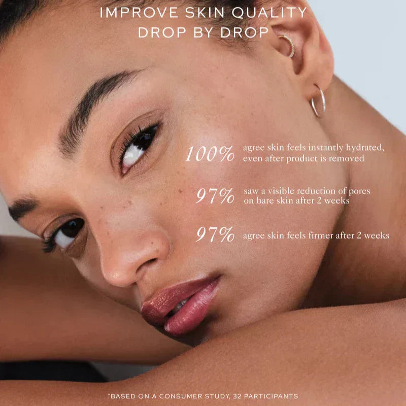 Promotional image highlighting benefits of Radiant Skin Tint showing improved skin hydration and reduced pores