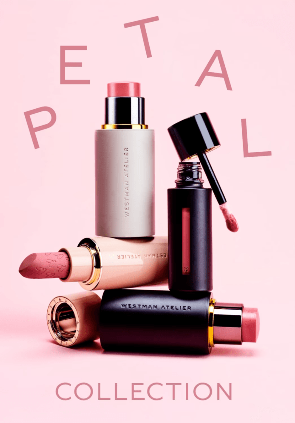 Petal Collection featuring pink-themed lipsticks and lip glosses on a soft pink background
