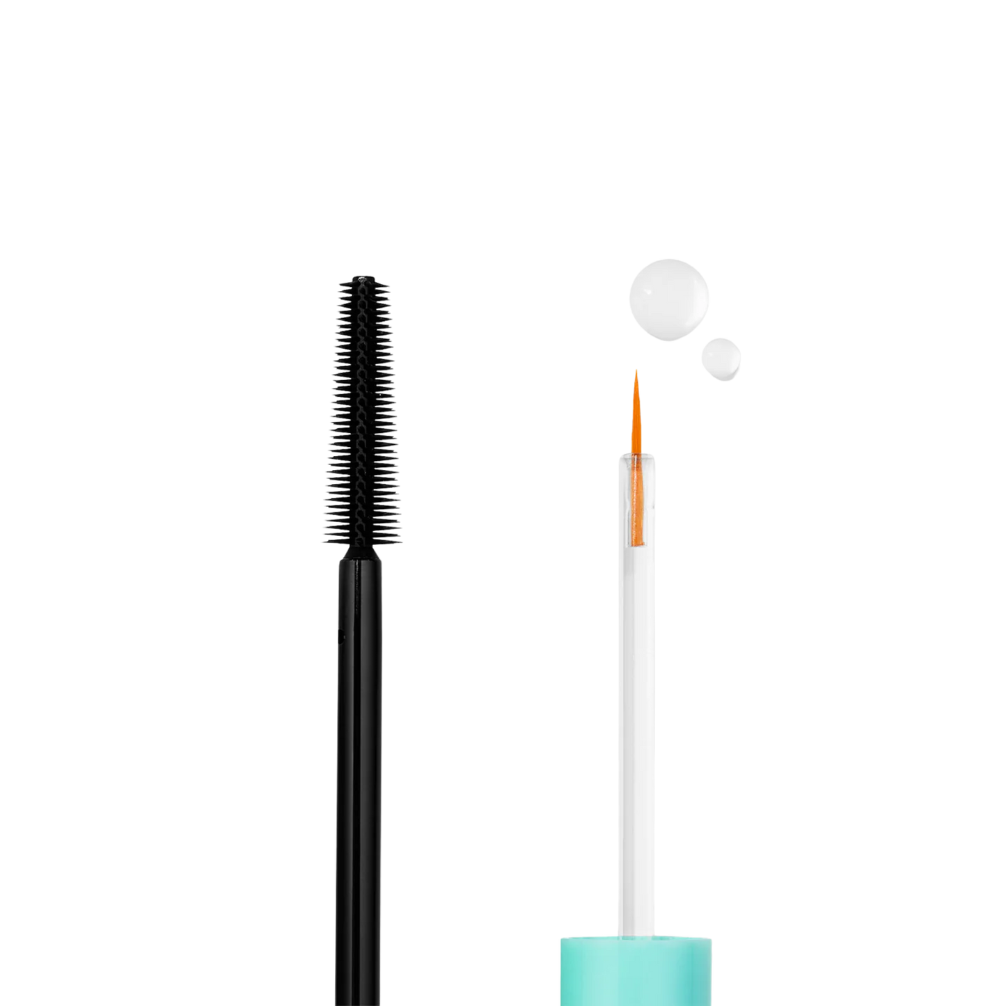 Mascara wand with black bristles and turquoise handle on a white background