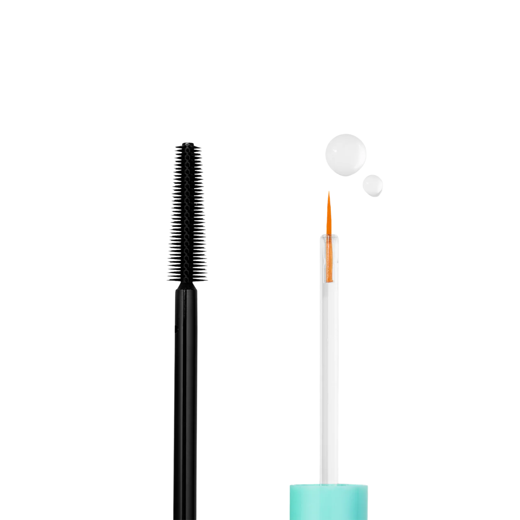Mascara wand with black bristles and turquoise handle on a white background