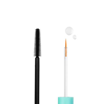 Mascara wand with black bristles and turquoise handle on a white background
