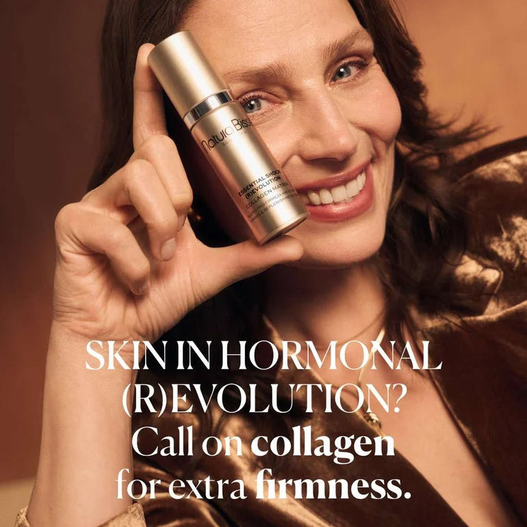 Woman holding a skincare product with text about collagen and skin firmness.