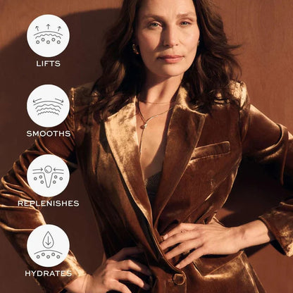 Woman in a brown coat with icons and text on a brown background