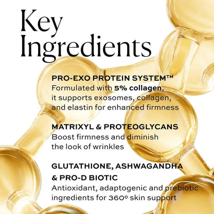 Key ingredients of a skincare product with molecular structures and text on a white background
