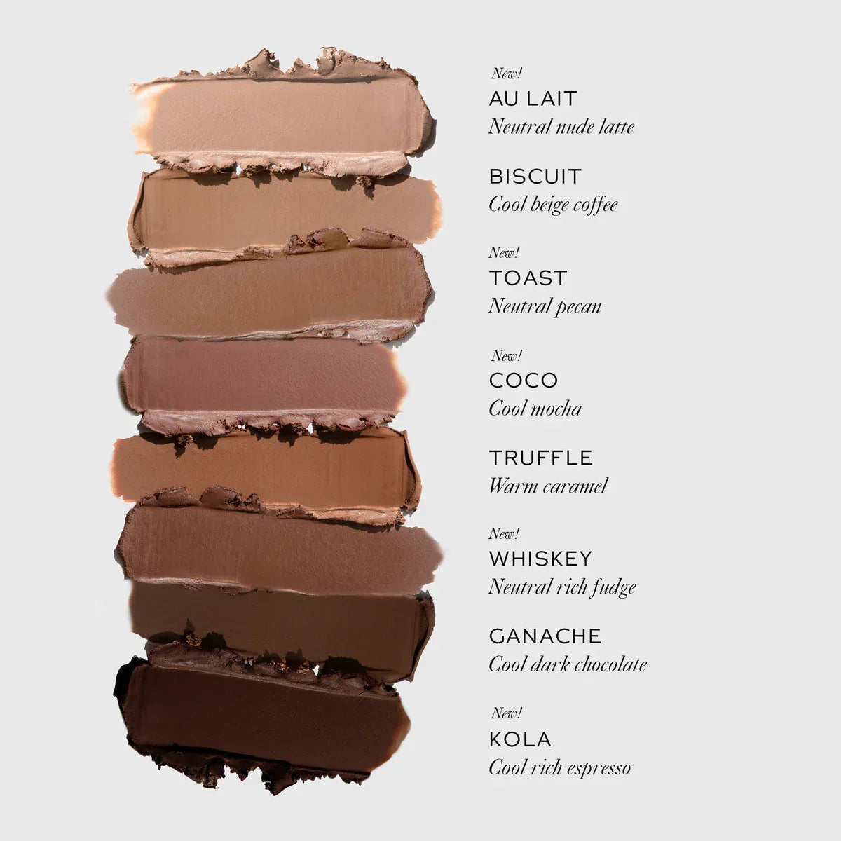 Stack of contour stick swatches and names on a light gray background