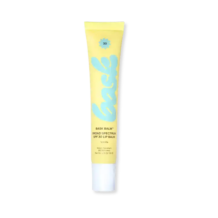A yellow squeeze tube of Back Balm Wood Lip Balm SPF 30 with a white cap, centered on a plain white background.