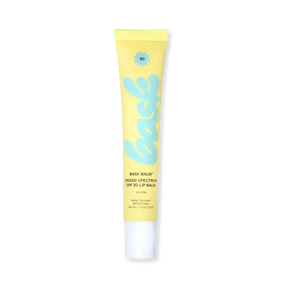 A yellow squeeze tube of Back Balm Wood Lip Balm SPF 30 with a white cap, centered on a plain white background.