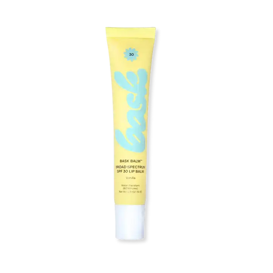 A yellow squeeze tube of Back Balm Wood Lip Balm SPF 30 with a white cap, centered on a plain white background.
