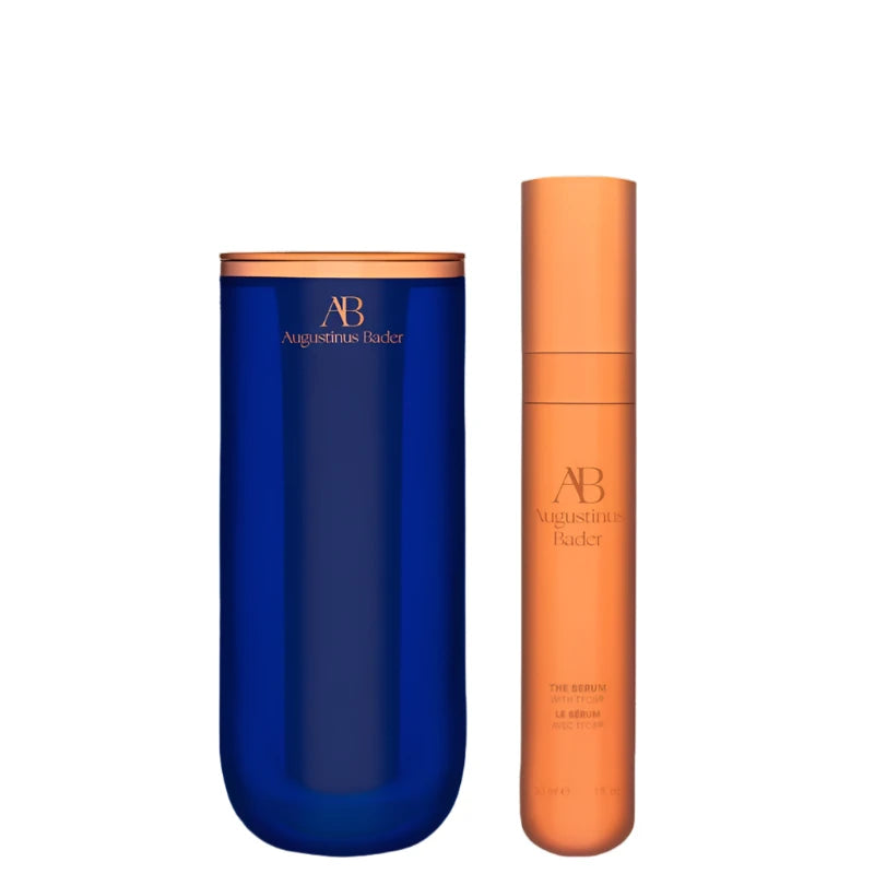 Augustinus Bader The Serum in an elegant orange bottle with a blue container for skincare enthusiasts