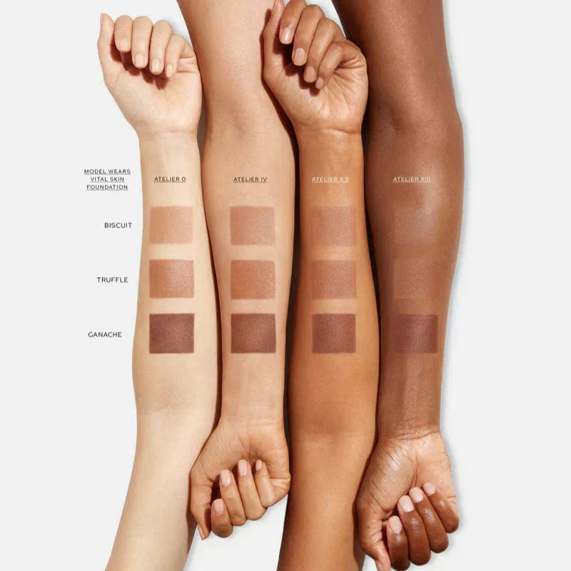 Westman Atelier Contour Stick swatches on various skin tones for seamless blending and definition
